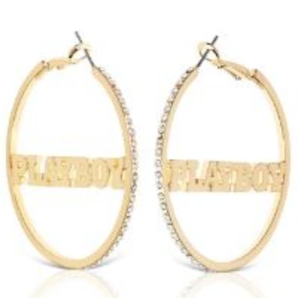Playboy Gold CZ Nameplate Hoop Earrings - Picture 3 of 3